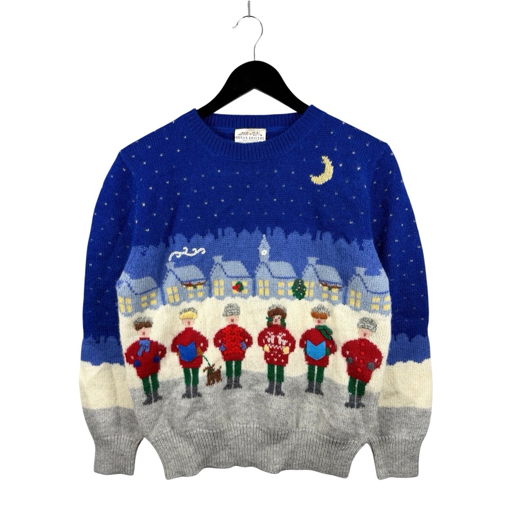 Vtg 1991 Susan Bristol Wool Christmas Embroidered Carolers Sweater Women's Sz S